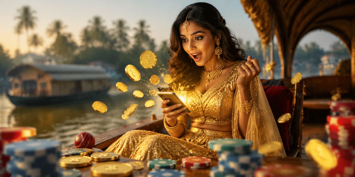 Female player placing cricket sports bet on mobile device near Kerala backwaters