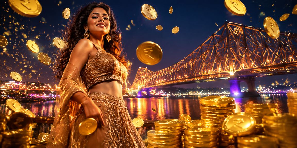 Kolkata's scenic Howrah Bridge with casino and entertainment lights in the evening