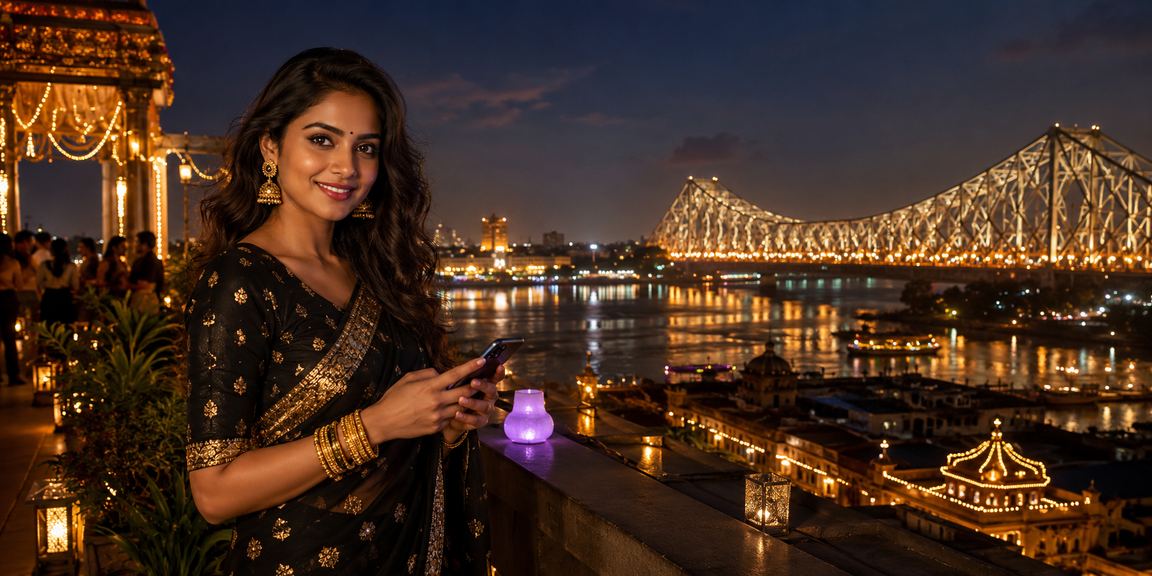 Showing mobile payment transaction via smartphone near Howrah Bridge in Kolkata